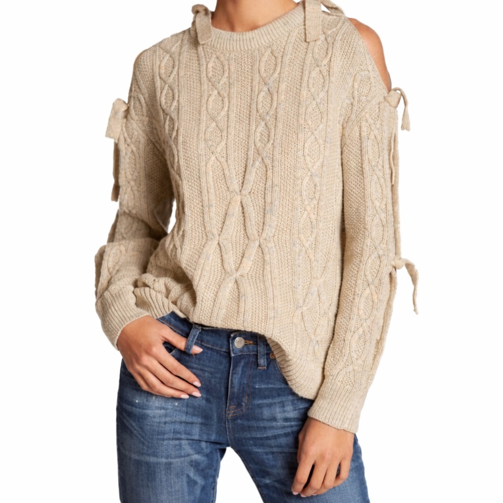 Project NAADAM Beige Cable Knit Cold Shoulder Sweater Tie Sleeve NWOT Size M